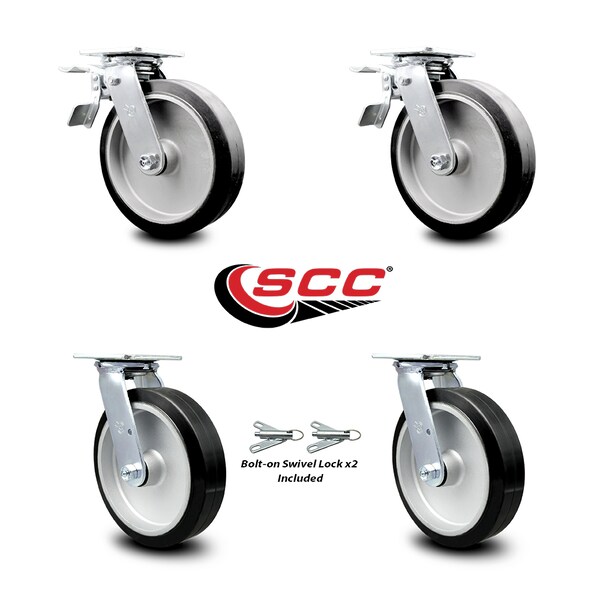 8 Inch Rubber on Aluminum Caster Set with Roller Bearings 2 Brake 2 Swivel Lock